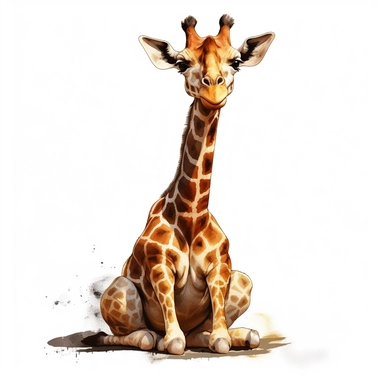 cute Giraffe Clipart sitting and smiling in the style of oil painting, on a white background