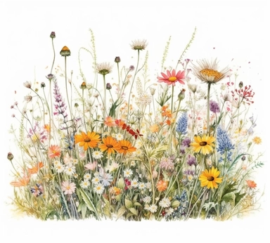 realistic burnished watercolored pencil summer meadow scene clipart, summer flowers, detailed, on white background, spaced out