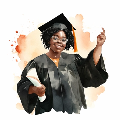 watercolor fat black female student graduation clipart on a white background