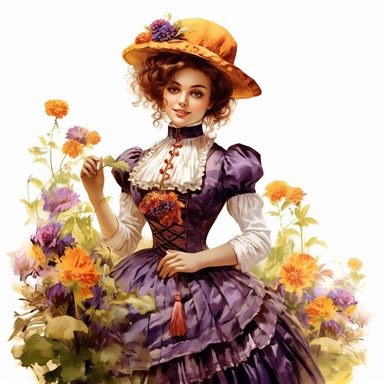 Fairytale Style beautiful realistic victorian styled dressed girl in the flowerland with watercolor effect,flowerland scene,flowers,fantasy style,realistic features,vibrant colors,suitable for digital clipart,white background Clipart ,Cartoon,hyper realistic, intricate detail, illustration style,high solution,on the white background