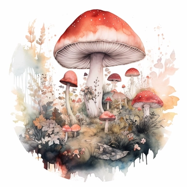 In this watercolor illustration, a mystical mushroom takes center stage, painted with vibrant hues and surrounded by delicate flowers and lush plants. The clipart design captures a magical scene, where fairies flit about in the air, their ethereal forms highlighted against a watercolor backdrop. The white background provides a stark contrast to the dominant red and black color scheme, enhancing the enchanting atmosphere of the artwork. The intricate details of the flora and the playful presence 
