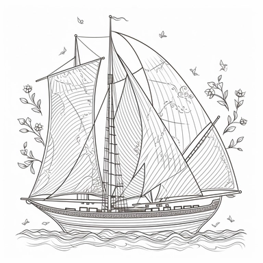 coloring page for kids of sailing boat, white neutral background, clean line art, low details , 1,5px thick black lines, clipart