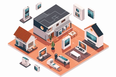 homes equipped with smart technology, including automated appliances and security systems clipart, HD, with white background, spaced out