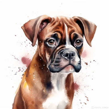 cute Mahogany Boxer dog portrait, full face, centered shot, side shot, dynamically posed, in action, playful mood, happy mood, playing mood, cute face, adorable smile, childlike eyes, clean watercolor illustration, white background, nursery baby imagery, painting, detailed, 8k, PNG, clipart,