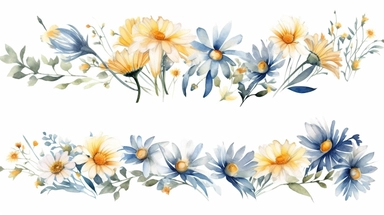Watercolor Daisy flower clipart. Chamomile floral border, bouquets, wreath. Wildflowers for wedding invitations and greeting cards. Watercolour illustration. Rustic flower