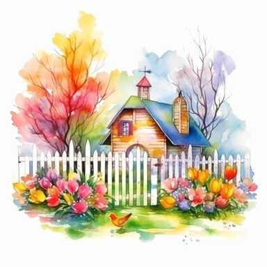 clipart, isolated on white background, beautiful cute Watercolor Spring Cottage - cute little house with fence and chimney, tree and flowers, ornated, vivid and saturated colors