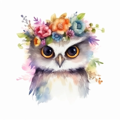 Cute baby owl, cute big eyes, colorful, floral crown, watercolor style, clipart, white background