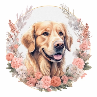 hand drawn, illustration, very detailled lines, soft colors, golden retriever portrait, circular border of pastel flowers, photorealistic, hyperrealistic, white background, clipart, png