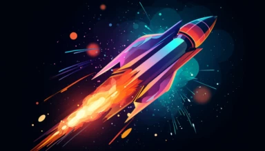 Create a clipart of a stylized, modern rocket launching into space, representing innovation and rapid growth. The rocket should feature sleek lines and a dynamic silhouette, conveying the idea of a tech company breaking through boundaries and reaching new heights. Incorporate a trail of glowing sparks and stars to emphasize the sense of motion and progress.