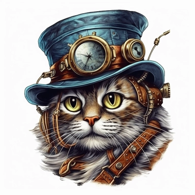 hyper-realistic Whiskers Through Time- Royal attire: Steampunk attire: Style the cat in a steampunk-inspired outfit, incorporating elements like goggles, leather accessories, and gears for a whimsical, retro-futuristic look, Cats in History Clipart, watercolor for sublimination, high resolution