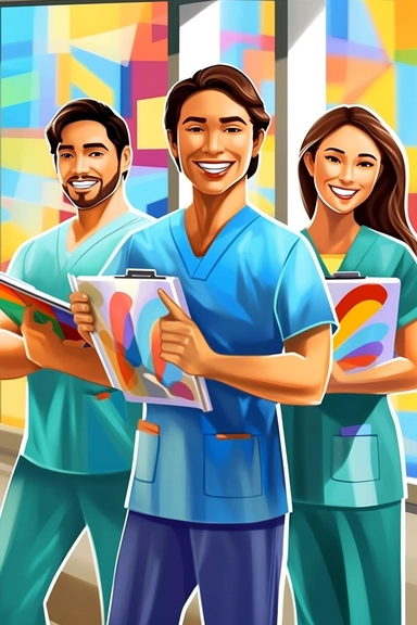 Doctor on the middle, Nurse on the right female crossed arms, Nurse on the left male holding clipboard, all smiling, smiling but closed mouth, all wearing scrubs, colorful, happy, close up, all standing, all happy, all brunette, all Filipino, colorful, clip art, artistic