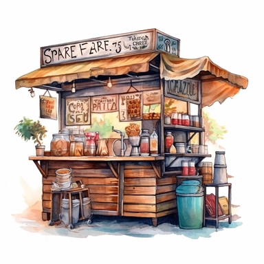 watercolor art of coffee stand, in the style of realistic and hyper-detailed renderings, sketchfab, ahmed morsi, realistic watercolor paintings, use of common materials, handcrafted designs clipart tan and silver with background removed