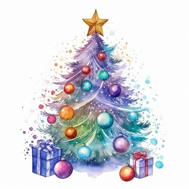 watercolor christmas tree with baubles and gifts, bright tree lights, vibrant colors, add glitter, clipart image, on a white background