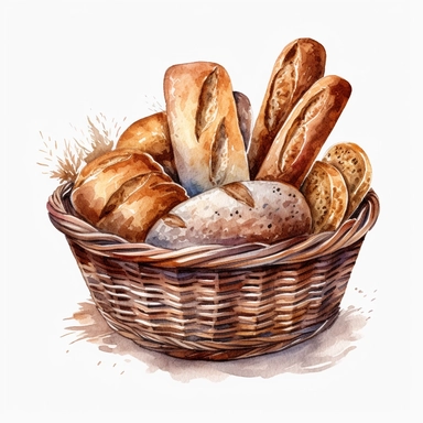 a basket of dark bread and baguette clipart watercolor