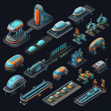isometric, spritesheet, game assets, futuristic hover train tracks, isometric perspective, game sprite, sci-fi, cute, fun, creative, cartoon, clipart, hyper-detailed, black background