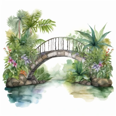 Illustrate a watercolor jungle bridge clipart spanning across a ravine or river, with lush tropical foliage and vibrant flowers on a white background. This picturesque design can be incorporated into various clipart compositions or used as a standalone decoration for adventure or journey-themed projects.