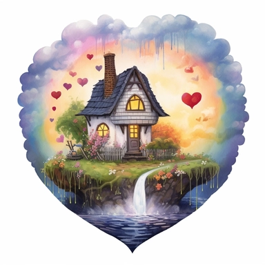 painting of a heart with rain clouds and a rainbow and a cottage inside of it, in the style of enchanting realms, nature-inspired installations, bloomcore, mesmerizing colorscapes, skillful, fluid and organic, cottagecore, clipart, blank white background