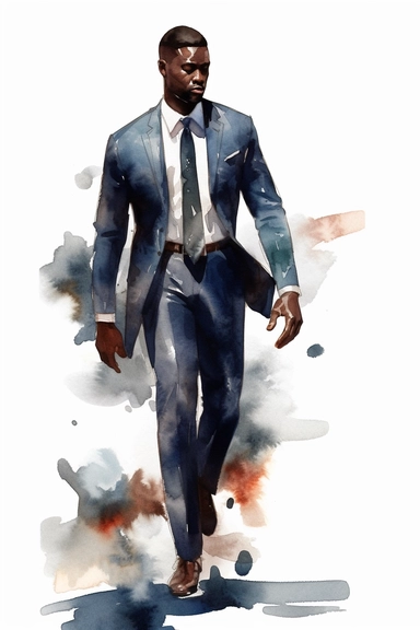 No text Watercolor Clipart Athletic MUSCLE Man in Suit Businessman Handsome Black Skin full body on white background