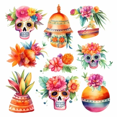 Watercolor cinco de mayo decorations, illustrations clipart set, simple,cinco de mayo colors , cartoon elements, different variants, cinco de mayo mexican hat, cinco de mayo sugar skulls, cinco de mayorose, separate elements with a margin