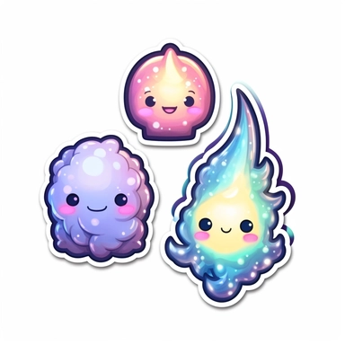 3 stickers with white background and border, emoji clipart as cute air elementals, high res, iridescent, some bioluminescent