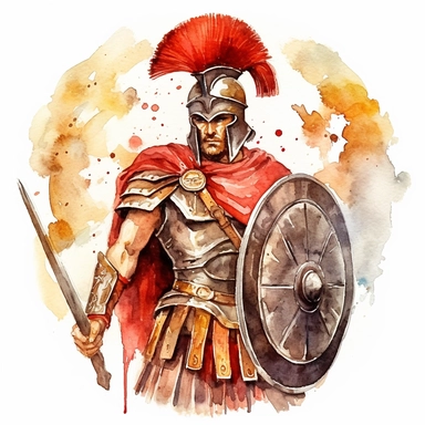 n exquisite watercolor clipart of a Roman army warrior. The soldier stands in his full battle armor - a carefully crafted bronze helmet with prominent cheek guards, a muscular cuirass for body protection, and a scarlet tunic underneath. He carries a large, circular shield, and a short, stabbing sword, known as a gladius. This art piece exudes strength and bravery, set against a stark white background, ensuring its suitability for a variety of merchandise.