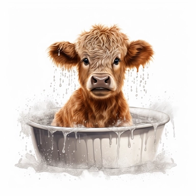 highland calf in a wash tub with bubbles, clip art, white background