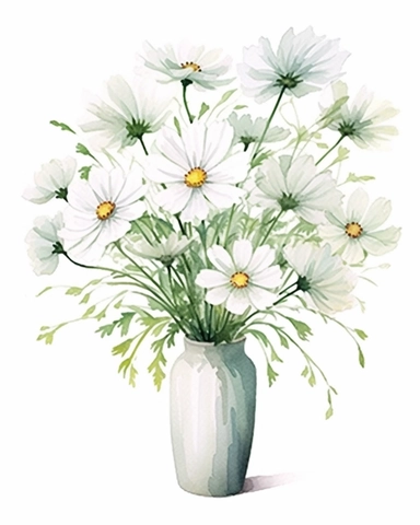 detailed vibrant watercolor bouquet of white cosmos in square plain ceramic vase white space , isolated on white background, realistic, clipart