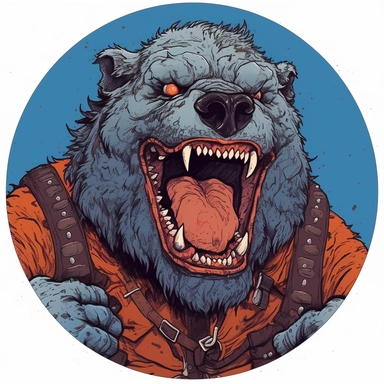 A circular tondo depicting a Dungeons & Dragons character bugbear badass boss warrior bandit, Mike Allred Josh Kirby Mad Max Lord of the Rings, handpainted enamel punk zine indie retrowave, clipart illustration, circle solid background