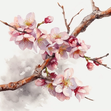 watercolour painting cherry blossom flowers close up clip art prunus cherry tree detailed flowers detailed bark and branches clipart on white background