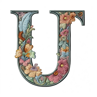 Floral Machine Embroidery, detailed illustration, clipart, white background, letter U