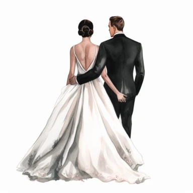 Hand drawn back of married couple she is wearing a white ball gown and he wears a black shiny tux, holding hands, glamorous, very detailed and realistic, watercolor, clipart style, white background with margins