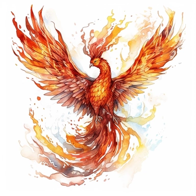 drawn illustration of a phoenix rising from fire, clip art, watercolor, digital art, HD, white background, clean line art