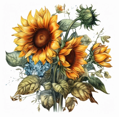 CREATE A MAGNIFICENT AND EXQUISITE BREATHTAKING HIGH QUALITY HIGHLY DETAILED WATERCOLOR CLIPART ILLUSTRATION OF STUNNING sunflowers bouquet in the garden, in the style of dye-transfer, pastoral charm, detailed miniatures, uhd image, playful, whimsical illustrations, lively illustrations, free brushwork