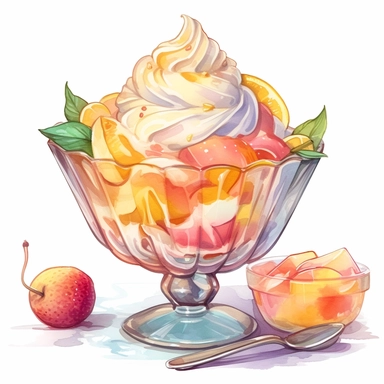 a drawing of a dessert featuring candy and whipped cream, icecream sundae, mango, orange, glass bowl, in the style of pastel toned, shiny/glossy, fantasy realism, caffenol developing, warmcore, #screenshotsaturday, rubens, white background, isolated, free brushstrokes, watercolor illustration, clipart,