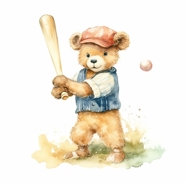 cute teddy bear wearing vintage baseball clothes and playing baseball on a baseball course on a great sunny day in Florida. Sublimation graphics, by Beatrix Potter, Watercolor clipart, single design, print on demand image, no watermark, PNG transparent background, white background, 8k