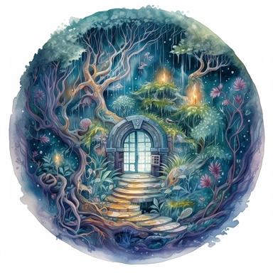 watercolor, hyper realistic, white background, white margins, 16k, ultra detailed clipart, cut out image, hand-drawn, whimsical a magical portal hidden deep in the heart of a dark forest with swirling colors and glowing runes. The color scheme should be a blend of deep blues, purples, and greens with hints of silver and gold.