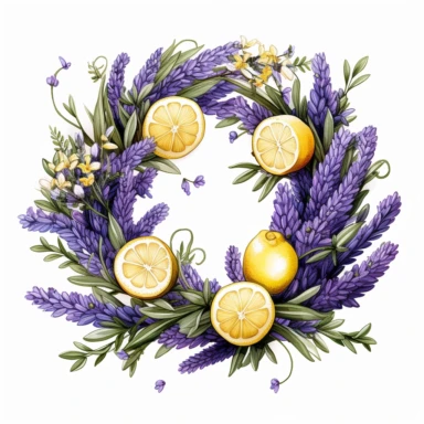 lemon and lavender square wreath clipart, white background, very detailed , Cartoon,hyper realistic, intricate detail, illustration style,high solution,on the white background