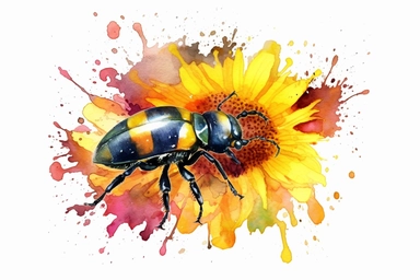 Watercolor, Generate an image of a beetle crawling on a sunflower, aiding in the dispersal of its pollen, clipart, hd, on a white background, spaced out