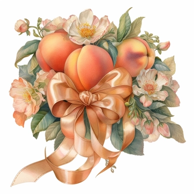 vintage style watercolor peach bouquete with a ribbon clipart, peaches, vibrant colors, light gold and light bronze colored flowers, 1960, vintage, watercolor, realistic drawing in storybook illustration, pencil drawing by Angela Barrett, Elsa Beskow, highly detailed, high resolution, 8K, white background