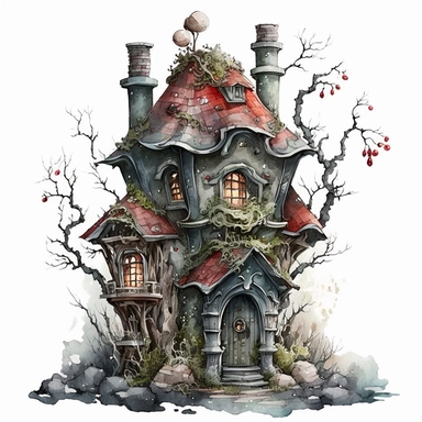 vintage stunning detailed cute winter christmas fairy house, imade with stones, in red, grey and green color, full body, victorian style, clipart, watercolor, illustration, on white background