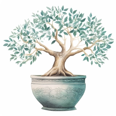 watercolor olive tree growing in mediterranean pot clipart on white background