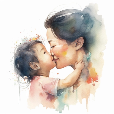 imagine watercolor, asian mother, happy, kissing child on forehead, clipart hd, profile shot, dreamy, on white background, portrait, spaced out