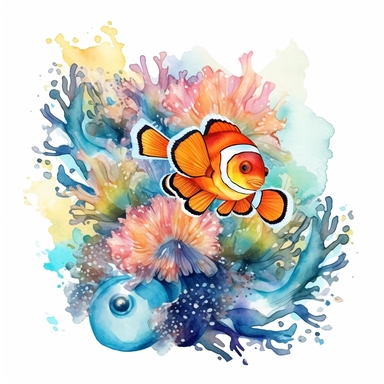 watercolor clown fish and sea anemones, shades of coral turquoise yellow and blue, glamorous, very detailed and realistic, white background with margins, clipart style