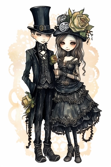 watercolor mixed media goth steampunk boy and girl entire body in goth steampunk wedding décor illustration clipart by holly hobbie