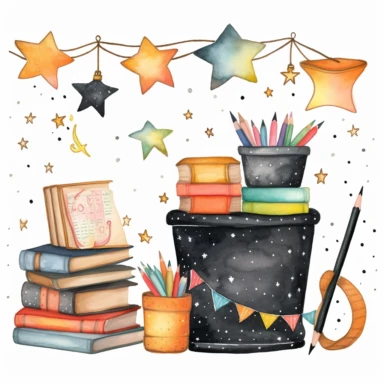 Whimsical watercolor clipart, back to school banner, set of graphics, including black board, stack of books, stationery items in a rusty cup, paint, notebook, bunting, stars and dots, white background