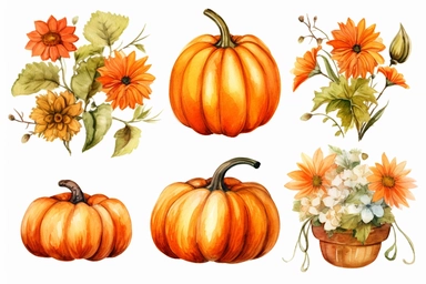 a set of Watercolor Pumpkin with flowers Clipart - autumn watercolor,clear image , high resolution ,WHITE BACKGROUNDS,