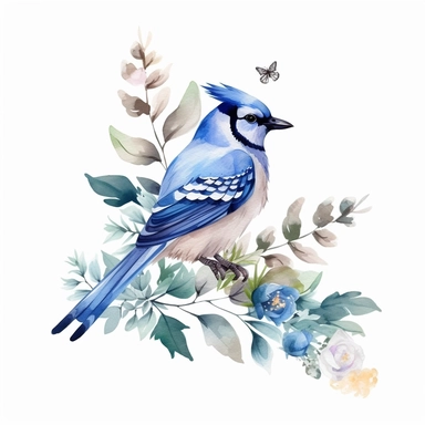 Minimalistic foliage clipart, blue jay,single design, watercolor, vector