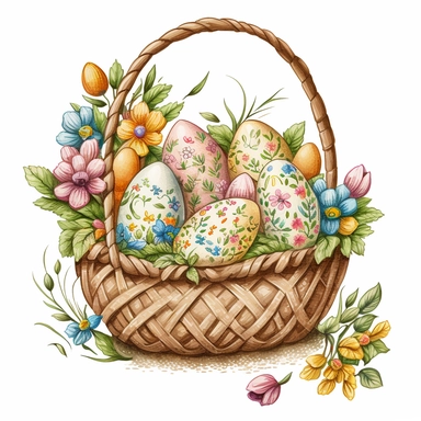 funny drawn sketch easter eggs with romanian traditional pattern in a a basket with flowers on white background, artistic painting, easter spring scene, add some spring leaves, add some flowers, add some rabbits and butterflies, pink sgades, watercolor, clipart, 2d, sketch style, no text