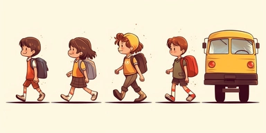 different back to school clipart pictures kid walking and running over to the school bus, in the style of charming anime characters, emotive body language, animated gifs, detailed costumes, red and beige, toy-like proportions