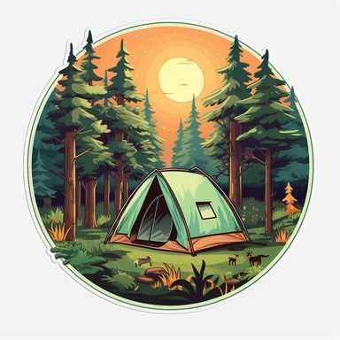 Sticker logo, featuring trees, lush foliage, and woodland creatures like deer or squirrels, capturing the essence of camping in nature, on transparent background free clipart, in the style of digital painting and drawing, 2d game art, scoutcore, anime-influenced, cabincore, high resolution, light sky-blue and dark maroon